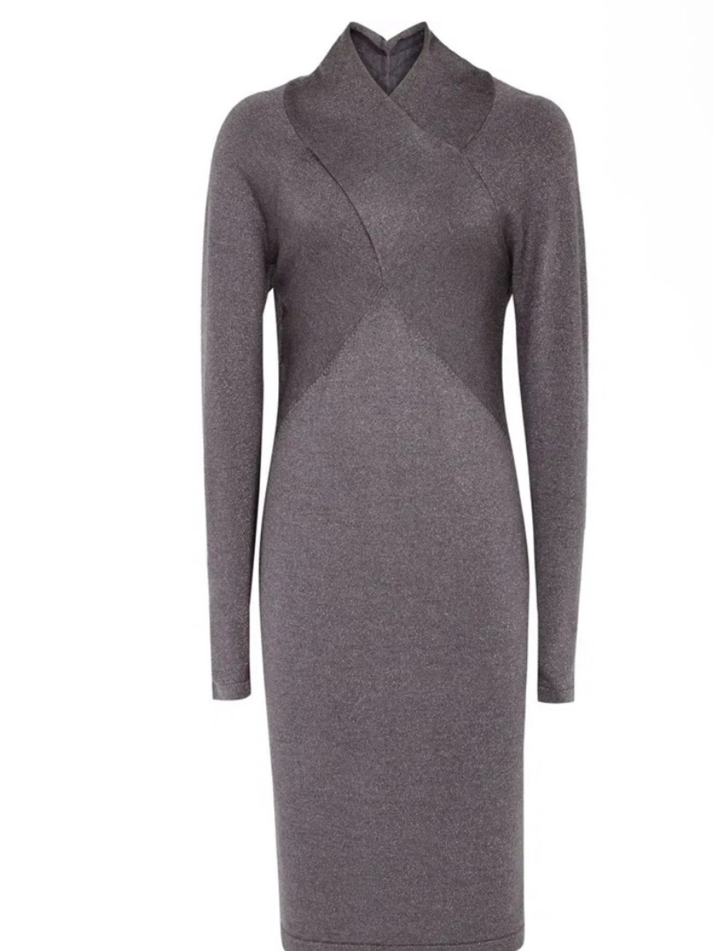 NWT Reiss Metallic Gray Long Sleeve Sheath Dress with Cross-Over Neck Sz Med